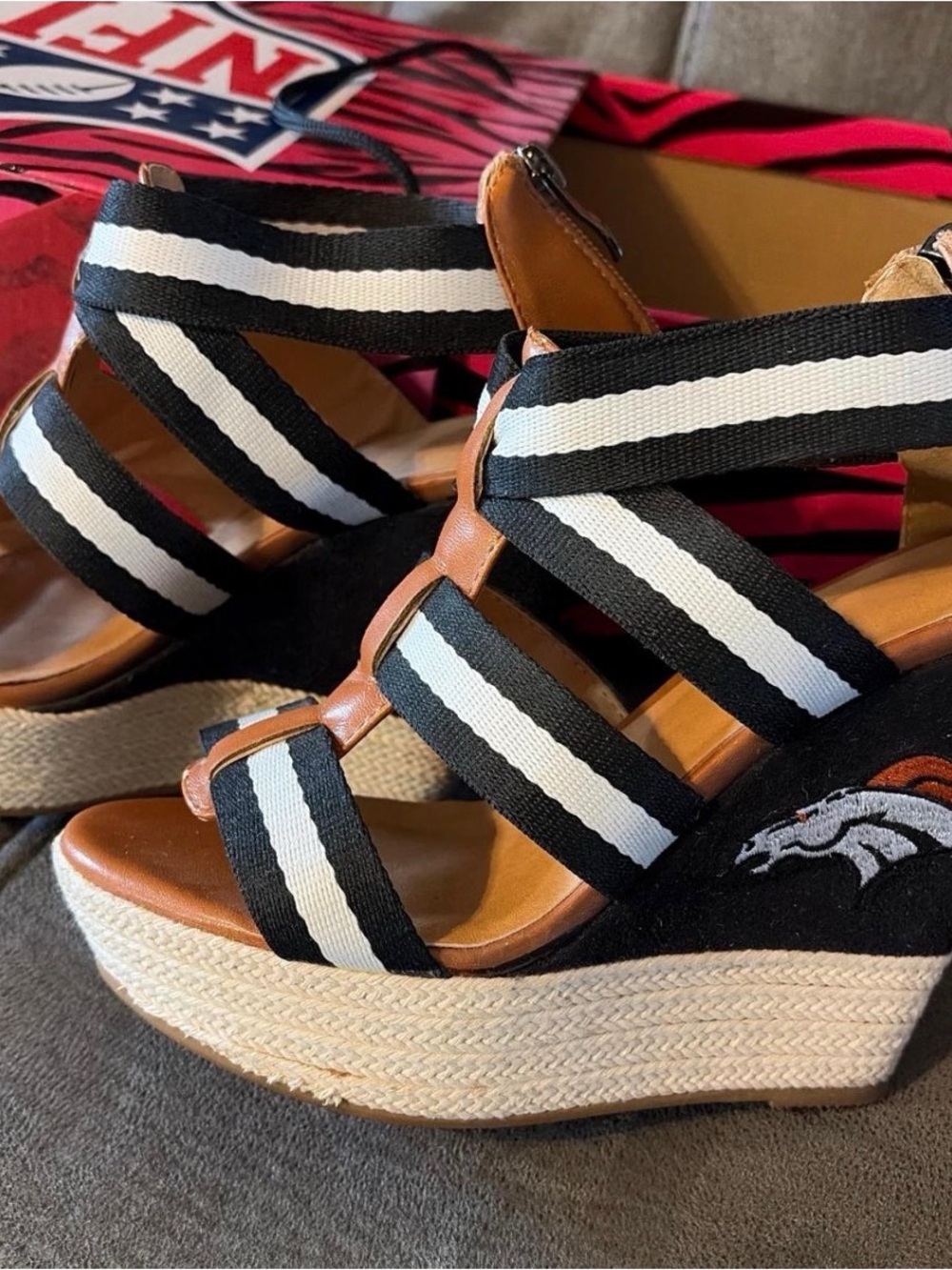 Denver Broncos Black and White Striped Wedge Sandals with Tan Accents - Women